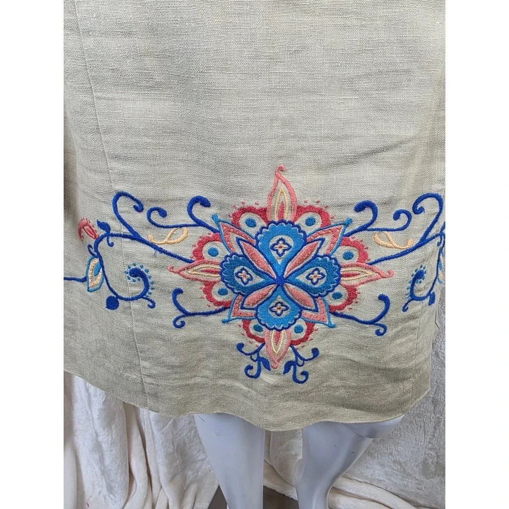 Banana Republic Strapless Embroidered Linen Dress Tan Floral Size 8‎ Boho Sheath